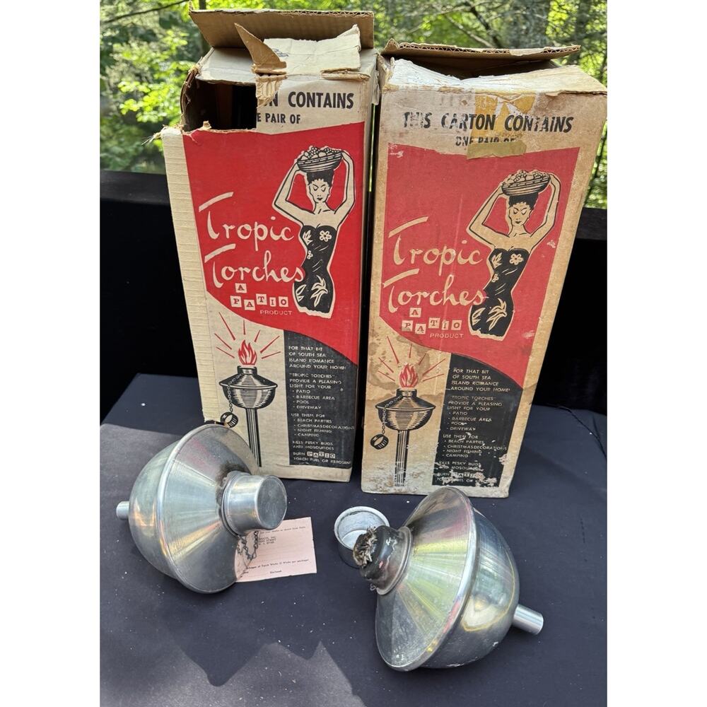 2 MCM Tropic Tiki Torches & Poles Used In Boxes! -7